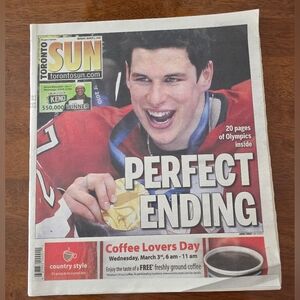 Sidney Crosby Golden Goal 2010 Winter OLYMPICS Toronto Sun Newspaper Kobe Bryant